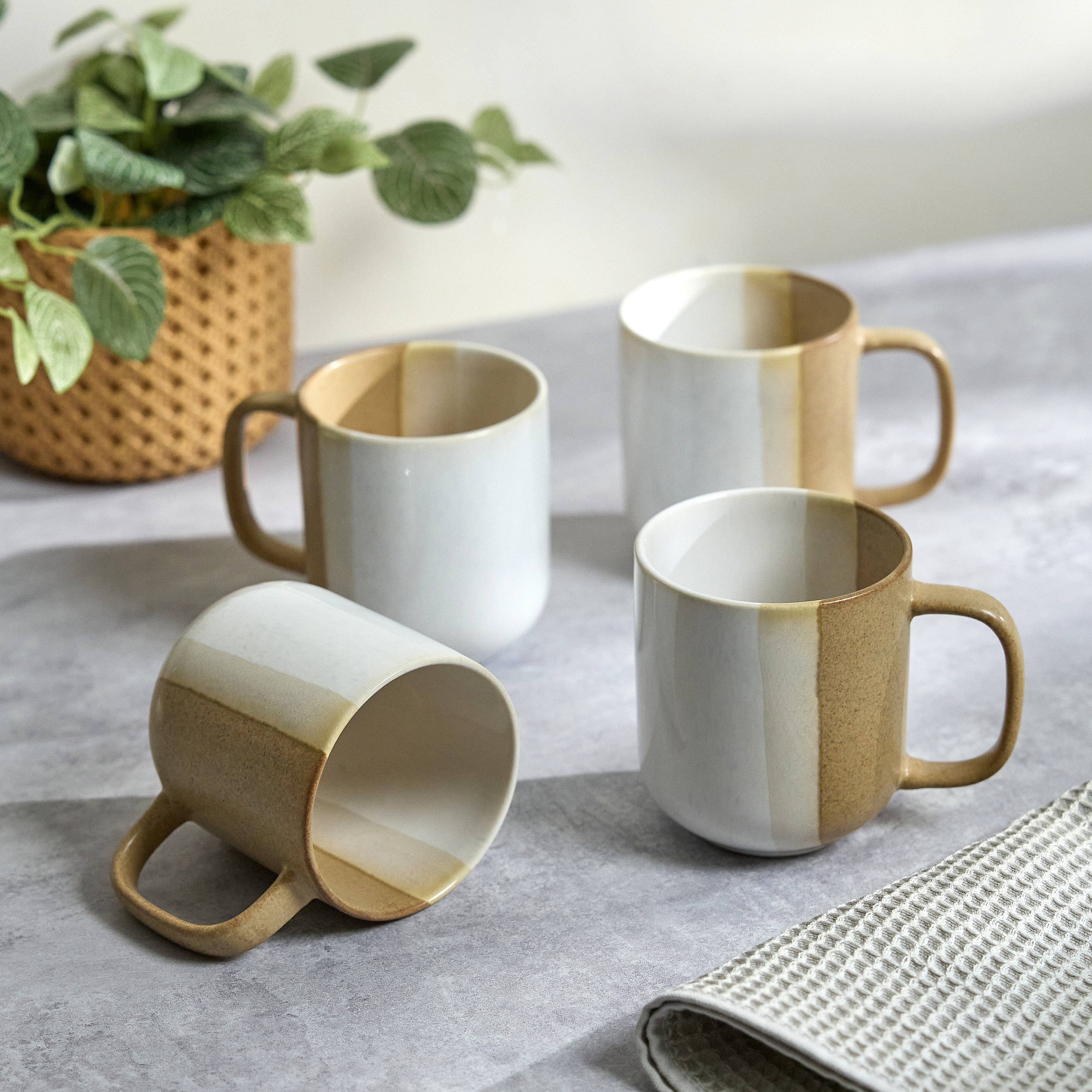 Sango Phoebe White/Caramel Mug Set of 4 - 15 oz Coffee Mugs